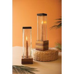 Set Of Two Square Glass And Wood Taper Candle Holders
