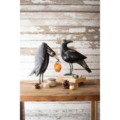 Set Of Two Recycled Iron Crows Holding A Pumpkin