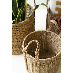 Set Of 3 Round Braided Seagrass Storage Baskets W Handles