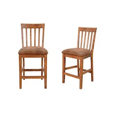 Light Brown Slatback Barstool Set with Cushioned Seats and Rustic Style