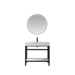 Single Sink Bath Vanity Metal Support with White Sintered Stone Top and Mirror