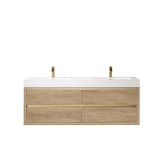 Double Sink Wall-Mount Bath Vanity with Composite Integral Square Sink Top