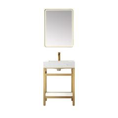 Single Sink Bath Vanity Metal Support with White Sintered Stone Top and Mirror