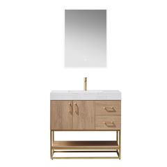 36" Single Vanity with White Grain Stone Countertop With Mirror