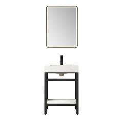 Single Sink Bath Vanity Metal Support with White Sintered Stone Top and Mirror