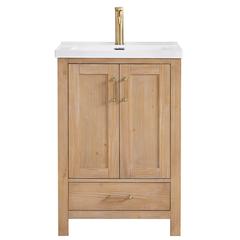 Single Sink Bath Vanity in Fir Wood Brown with Drop-In White Ceramic Basin