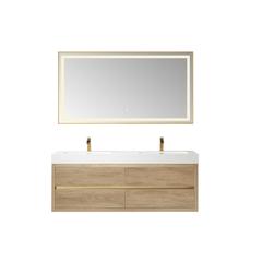 Double Sink Wall-Mount Bath Vanity Composite Integral Sink Top and Mirror