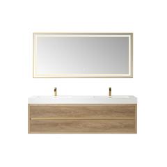 Double Sink Wall-Mount Bath Vanity Composite Integral Sink Top and Mirror