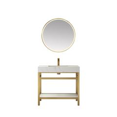 Single Sink Bath Vanity Metal Support with White Sintered Stone Top and Mirror