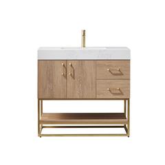 36" Single Vanity with White Grain Stone Countertop Without Mirror