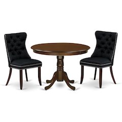East West Furniture HLDA3-MAH-24 3 Piece Dining Room Furniture Set Includes a Round Wooden Table with Pedestal and 2 Upholstered Chairs, 42x42 Inch, Mahogany