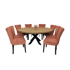 9-Piece 72 Dining Set 8 Cleo Dining Chairs Blush Velvet Fabric Dark Brown Legs
