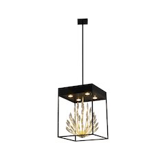 4-Light Matte Black Pendant With Gold Branches And Clear Crystals