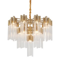 16-Light Gold Metal Chandelier With Clear Glass Rods