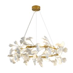 8-Light Brass Chandelier With Matte White Plastic Leaf Petals In A Round Shape