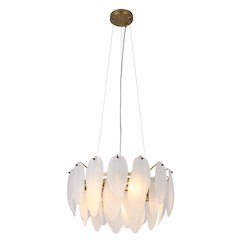 11-Light Brass Chandelier With White Glass Leafs