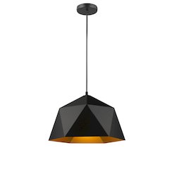 1-Light Black Metal Shade Pendant With A Gold Interior