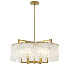 6-Light Brass Chandelier With Hanging Clear Rippled Glass