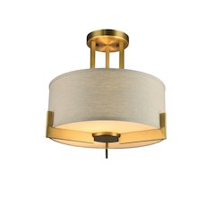 3-Light Antique Brass Semi Flush Mount With A linen Drum Shade