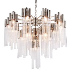 16-Light Shiny Nickel Metal Chandelier With Clear Glass Rods