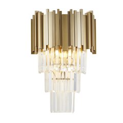 3-Light Brushed Gold Wall Sconce With Clear Hanging Crystals
