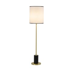 2-Light Black And Satin Brass Floor Lamp With A White Linen Shade