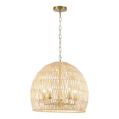 5-Light Brass Chandelier With A Natural White Wood Vine Basket Shade
