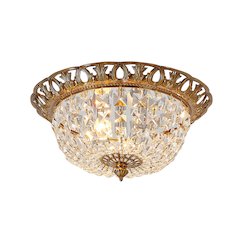 2-Light Antique Gold Flush Mount With Clear Hanging Crystals