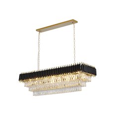 14-Light black and gold chandelier, clear hanging crystal in a rectangular shape