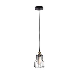 1-Light Black Cage Single Pendant With Brass Hardware