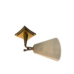 Single brushed brass lantern sconce with white swirl glass shade