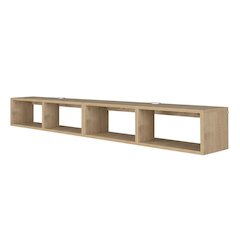 Oak floating TV shelf, modern wall-mounted design, sleek entertainment setup