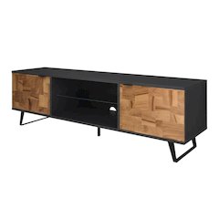 Brown Mid Century Modern TV Stand with Glass Shelf and Rubberwood Veneers