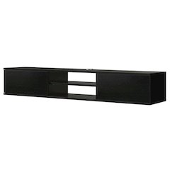 Black floating TV stand with wall-mounted design and spacious storage