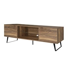 Walnut Wood TV Stand with Glass Door Shelf and Mid-Century Modern Design