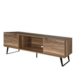 Mid Century Modern Door Glass Shelf TV Stand, Walnut