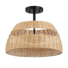 2-Light Rattan Semi-Flush Mount | Black Metal & Woven Farmhouse Ceiling Light