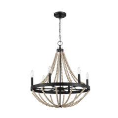 Wood Chandelier Farmhouse Six Candle Light Wood Beaded Black Pendant Light