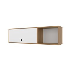 Wall-Mounted Cabinet with Lift-Up Door, Open Compartments, Natural Oak and White