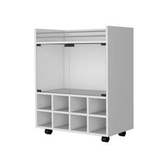 Minneapolis Bar Cart with Integrated 8-Bottle Rack, Glass Encased Cabinet