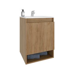 Wall-Mounted Bathroom Vanity with Sink, 2 Doors, Open Shelf, Natural Oak