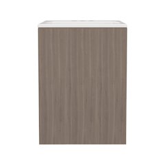 Compact Vanity Cabinet, Single Door, Two Open Side Shelves, White Oak
