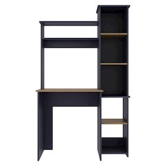 Computer Desk with Hutch and Side Bookshelf, Kronos Blue and Natural Oak