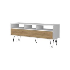 Olds TV Stand with 2 Doors and Open Storage, White and Natural Oak