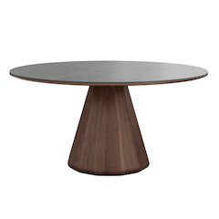 Eric 53 In Round Dining Table With Walnut Base And Gray Marbled Ceramic Top