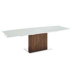 Moon manual dining table with walnut base and white top