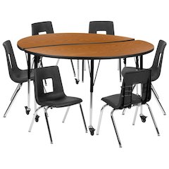 Mobile 47.5" Circle Wave Flexible Laminate Activity Table Set with 14" Student Stack Chairs, Oak/Black