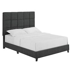 Queen Size Tall Grey Square Headboard Upholstered Platform Bed