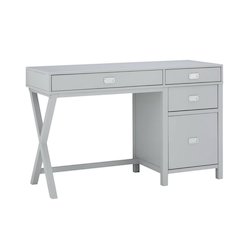 Gray wood and metal roll-top desk with storage compartments for home office use
