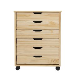 Natural wood dresser cart with six drawers and durable solid pine construction